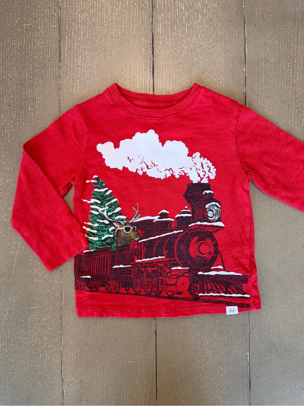 GAP Toddler Boys’ Long-Sleeve Red Holiday Train & Deer Cotton Shirt • Size 3Y